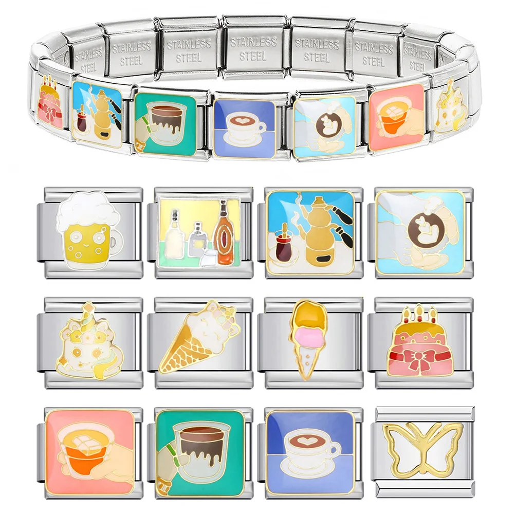 ​ Trendy Leckere Kaffee Kuchen Milch Dessert Italienischen Charme Link Fit 9mm Edelstahl DIY Armbänder Machen Frauen Männer Perlen schmuck
