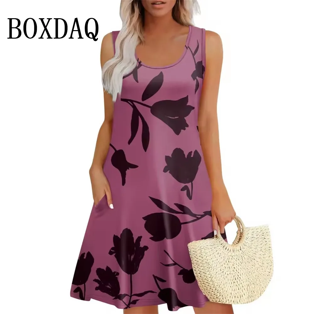

Summer Dresses For Women 2025 Casual Loose Sundress Tank Pocket Beach Short Dress Sleeveless O-Neck Women's Floral Print Dresses
