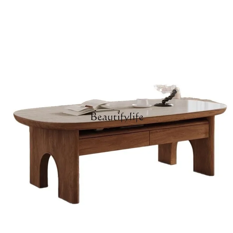 

LJY*Coffee table living room antique rock slab tea table walnut high-end sense light luxury modern minimalism