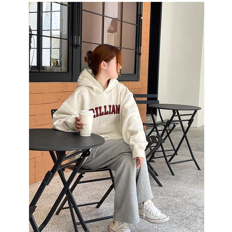 2024 White Gray Women Clothing Vintage Street Sweatshirt Hooded Y2K Letter Pullover Long Sleeves Warm Oversize Baggy Ladies Tops