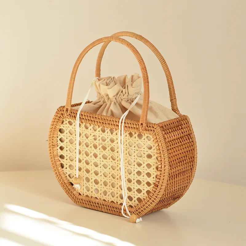 Casual Hollow Rattan Basket Bags Wicker Woven Women Handbags Handmade Summer Beach Straw Bag Small Bucket Bag Bali Tote Purses