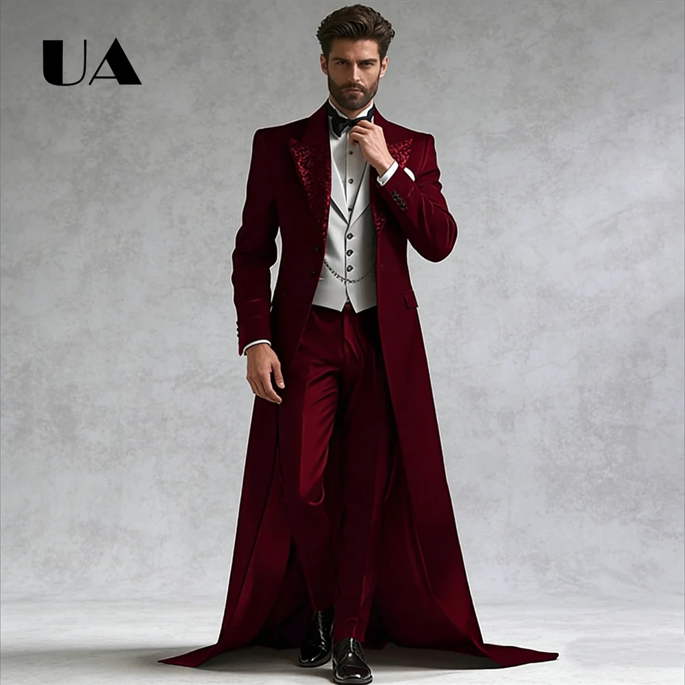 

Мужской банкетный костюм-тройка, длинный пиджак с воротником с блестками и хвостом, жилет и брюки, официальный костюм для выступлений