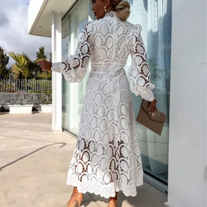 Lace Puff Sleeve Long Dress Women 2025 Spring Elegant New Fashionable Stand Collar High Waist Slim Dresses