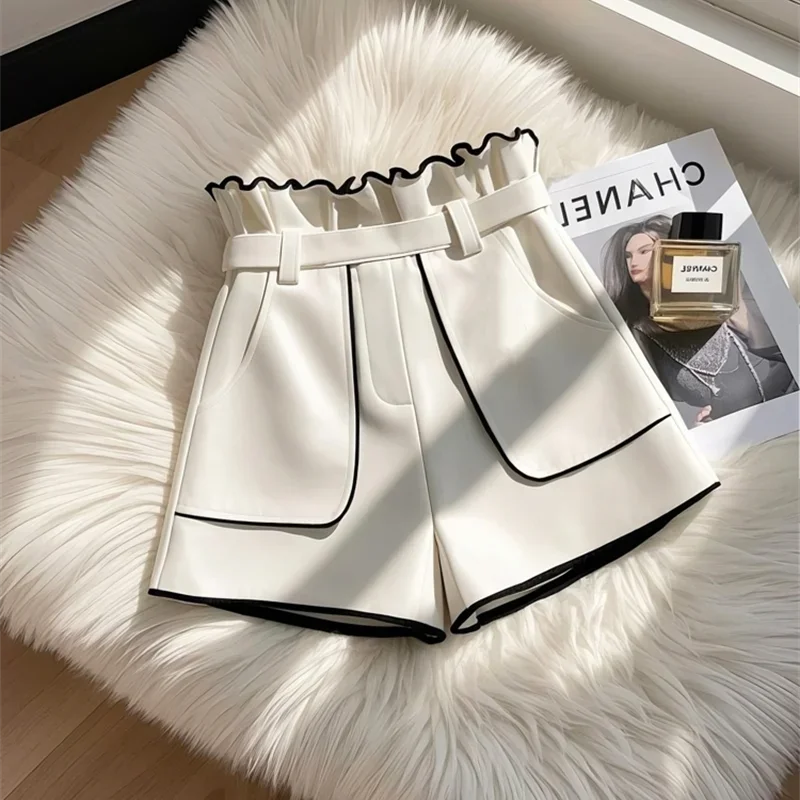 Vintage Summer Slim Ruffle Edge White A-Line Suit Womens Shorts High Waist Double Pockets Korean Office Lady Short Trousers