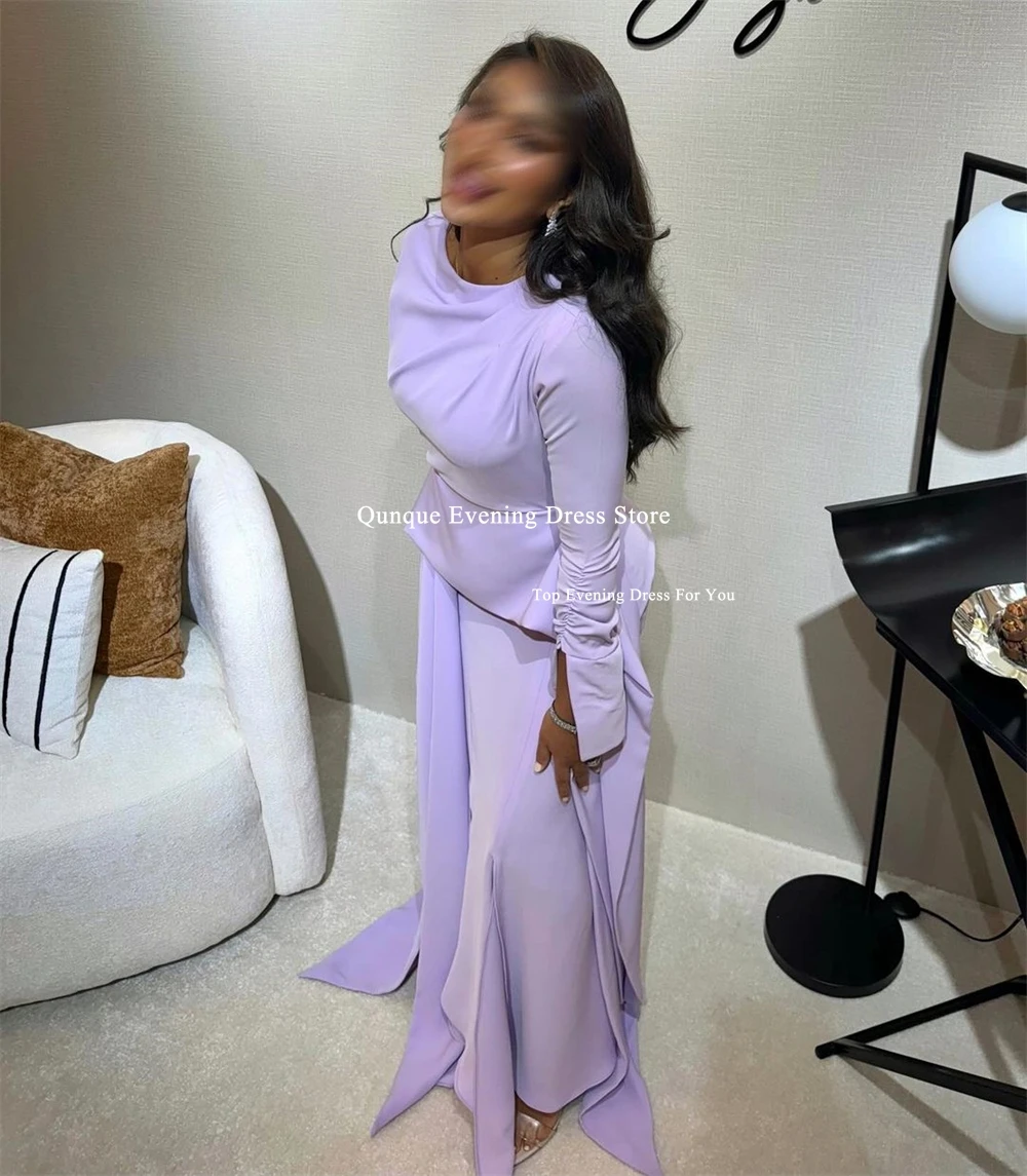 Qunque Lavender Arabia Evening Dress Mermaid Sexy Slit Sleeves Side Split Satin Prom Gowns Customized Vestidos Abiti Da Sera