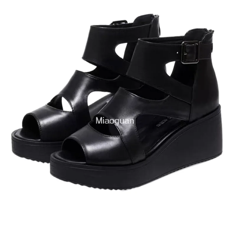 Women\'s Sandals with Black Platform Wedges Heels Black Round Head Roman Peep Toe High Quality Soft Leather PU 2024 Summer Sandal