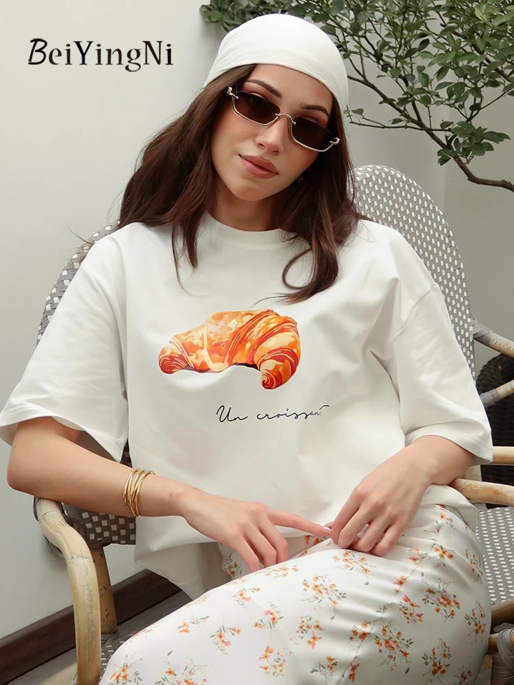 

Beiyingni Women's Short Sleeve Cotton T-shirts Printed Casual Soft Casual Street O-neck Tops Female Summer Loose White Teeshirts