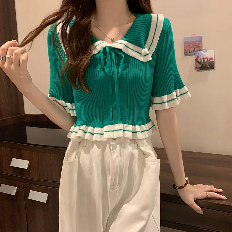 French Ruffle Peter Pan Collar Short Sleeve Women Jumper French Constrast Color Knitted Sweer Pullover Korean Lace Up Top