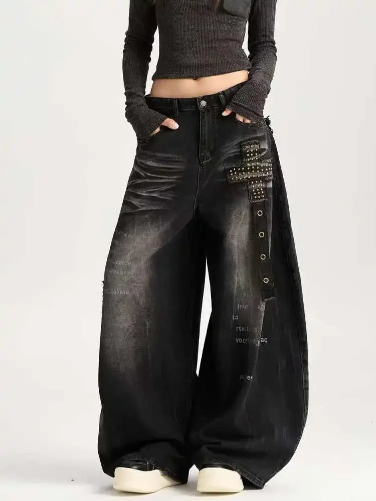 Women's Baggy Jeans Y2k Streetwear Cross Dark Academia Men Denim Pants Wide Fit Grunge Harajuku Cowboy