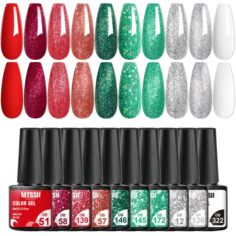 

Mtssii 10pcs/set Red Green Glitter Gel Nail Polish 6ml Christmas Color Nails Semi permanent Nail Polish Nail Art nails supply