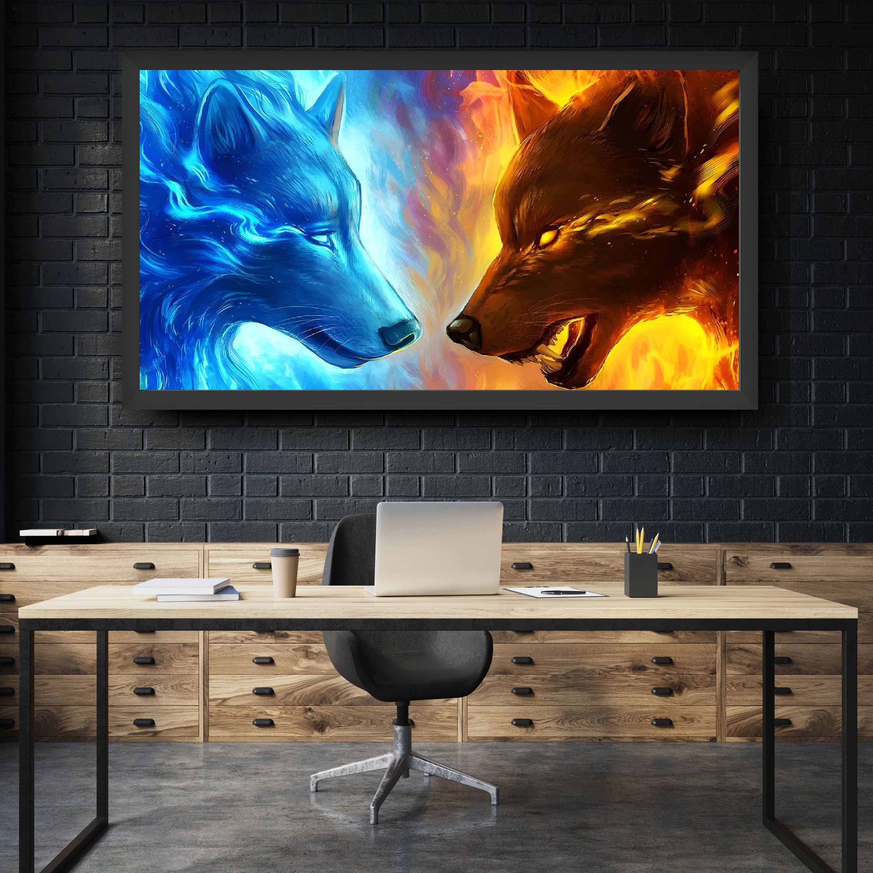 

Ice and Fire Wolf Poster Print Canvas Painting, Animal Picture for Living Room, Modern Nature, Wildlife Wall Art, Home Decor