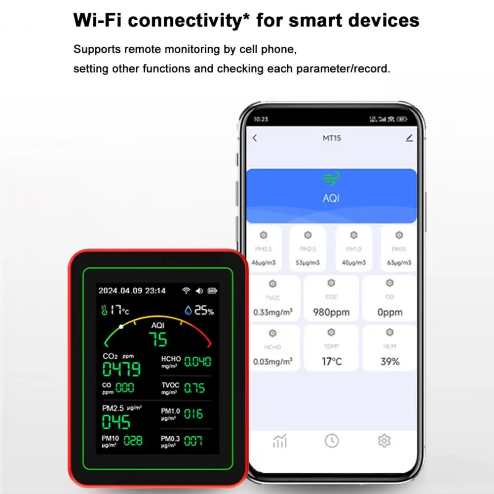جهاز اختبار Pm2.5 جهاز مراقبة الهواء الداخلي مع شاشة عرض لـ Co Co2 Hcho Tvoc Aqi Pm0.3 Pm1.0 Pm2.5 Pm10 ميزان الحرارة للمنزل
