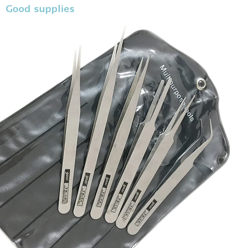 ชุดอุปกรณ์ซ่อมแซม 6 ชิ้น แหนบสแตนเลสสำหรับงาน DIY เครื่องมือซ่อมแซมความแม่นยำระดับอุตสาหกรรม แหนบงอและแหนบตรงสำหรับงานซ่อม