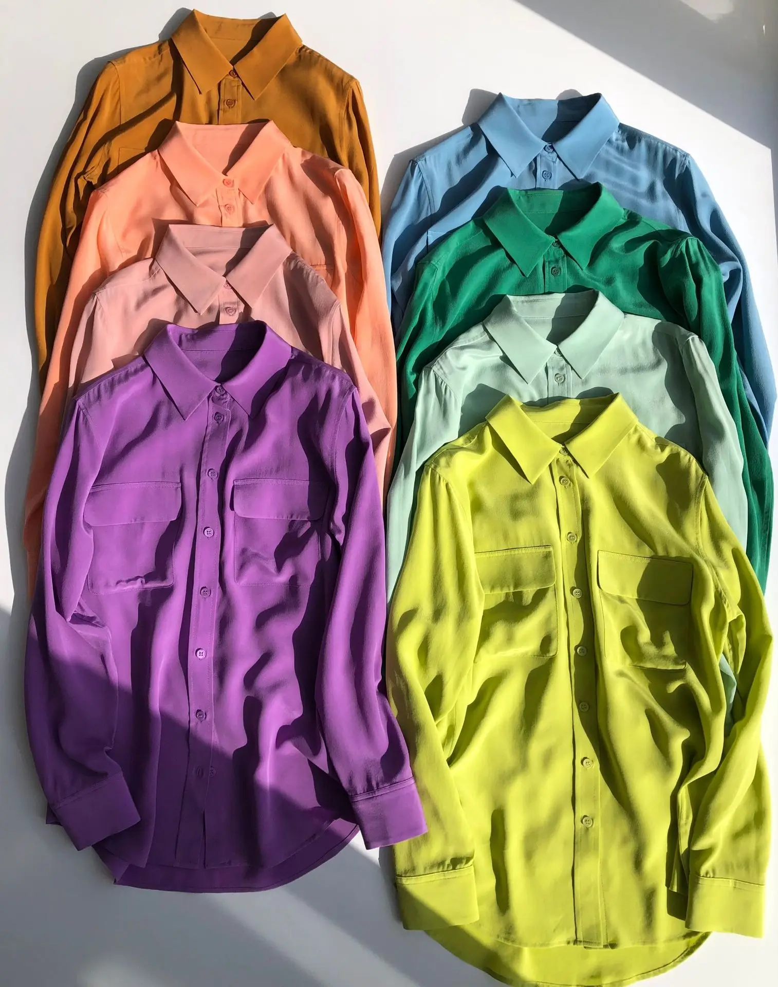 Camisa clásica de seda lavada con arena para mujer, Blusa de manga larga con bolsillo, color sólido, elegante, a la moda, con botones