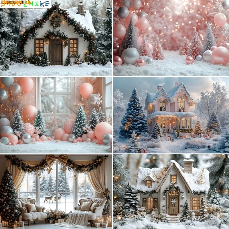 

Christmas Day New Year Photography Backdrops Fireplace Xmas Trees Gifts Snow Winter Holiday Party Deco Castle Background BT-04