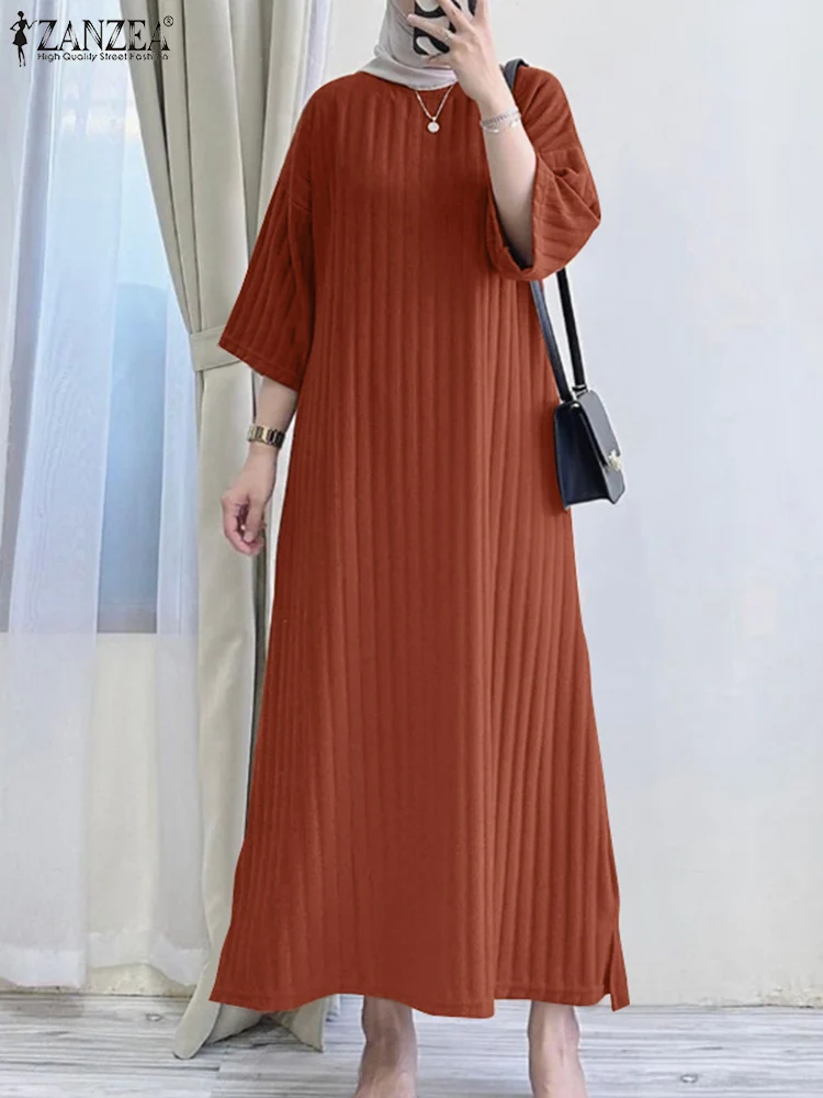 

ZANZEA Women Muslim Maxi Dress Spring Sundress Ramadan Abaya Robe Femme IsIamic Clothing Casual O Neck 3/4 Sleeve Vestido Kaftan