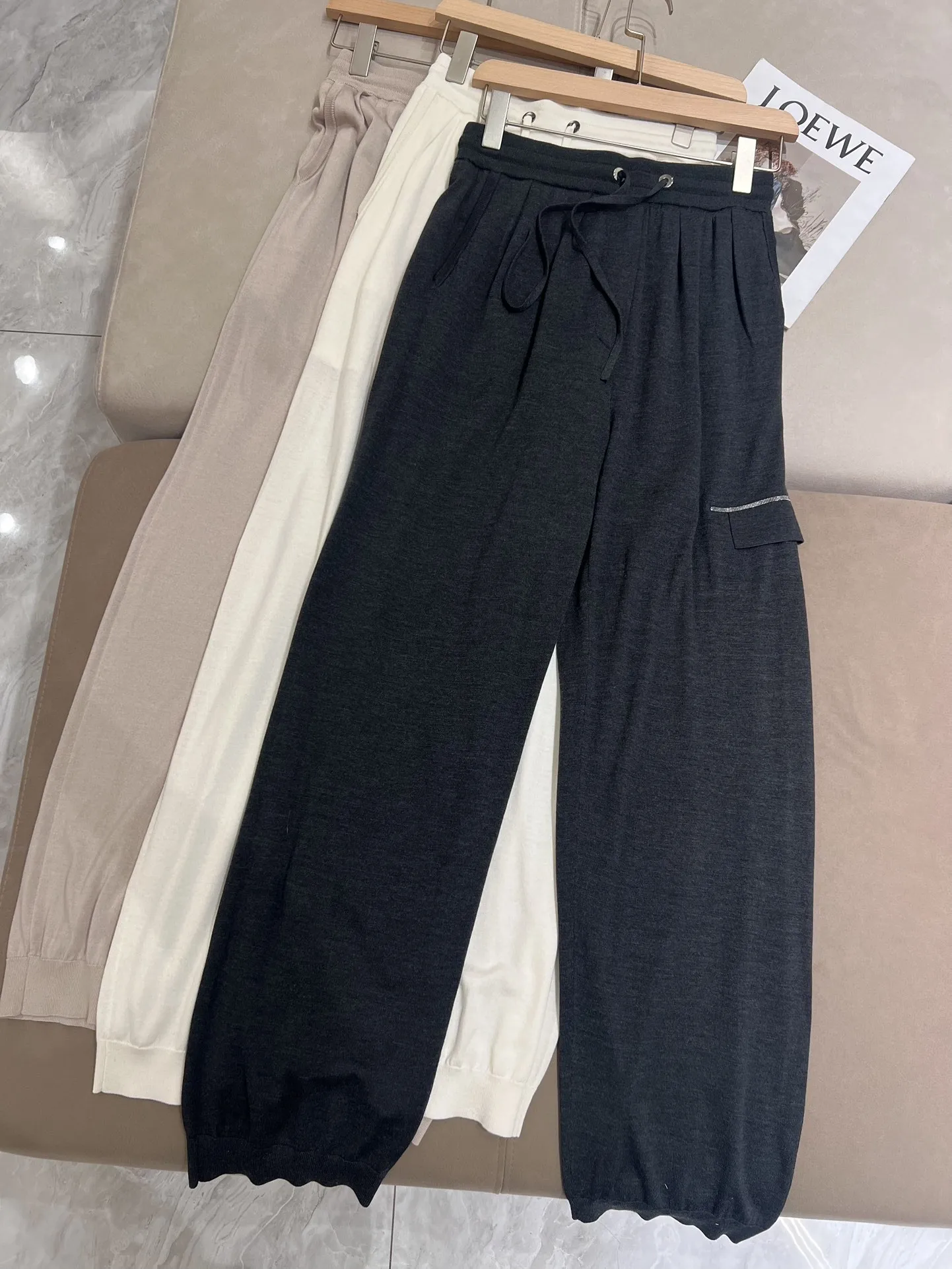 Spring summer wool silk hooded zipped knitted pants suit