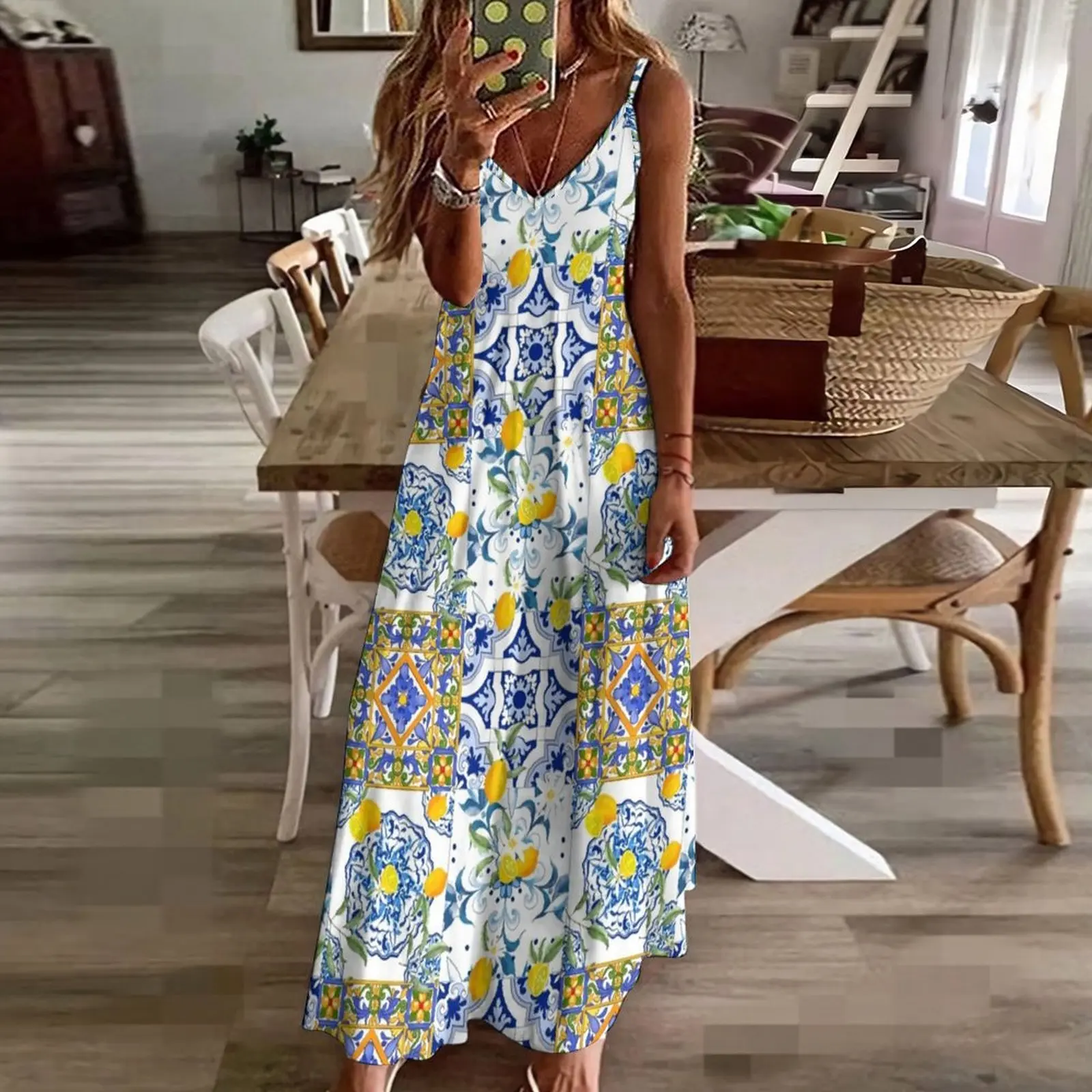 Summer,citrus,mosaic background ,Mediterranean style,lemon fruit pattern Sleeveless Dress womens dress long dress women summer