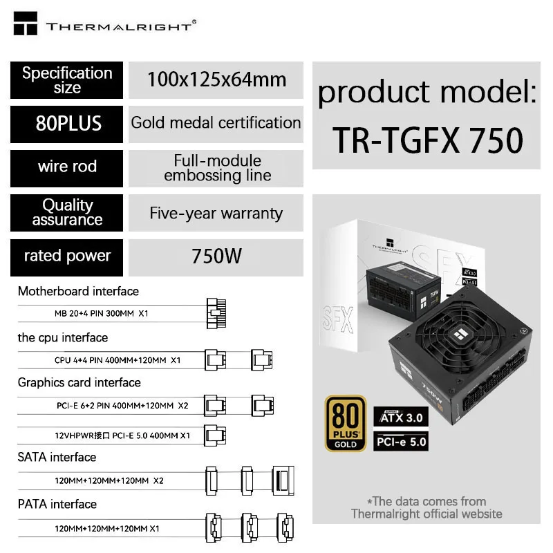 Imagem -04 - Medalha de Ouro Fonte de Alimentação de Mesa 750w Módulo Completo 850w 550w Sfx Pequeno Computador Anfitrião Itx Thermalright-tgfx650w