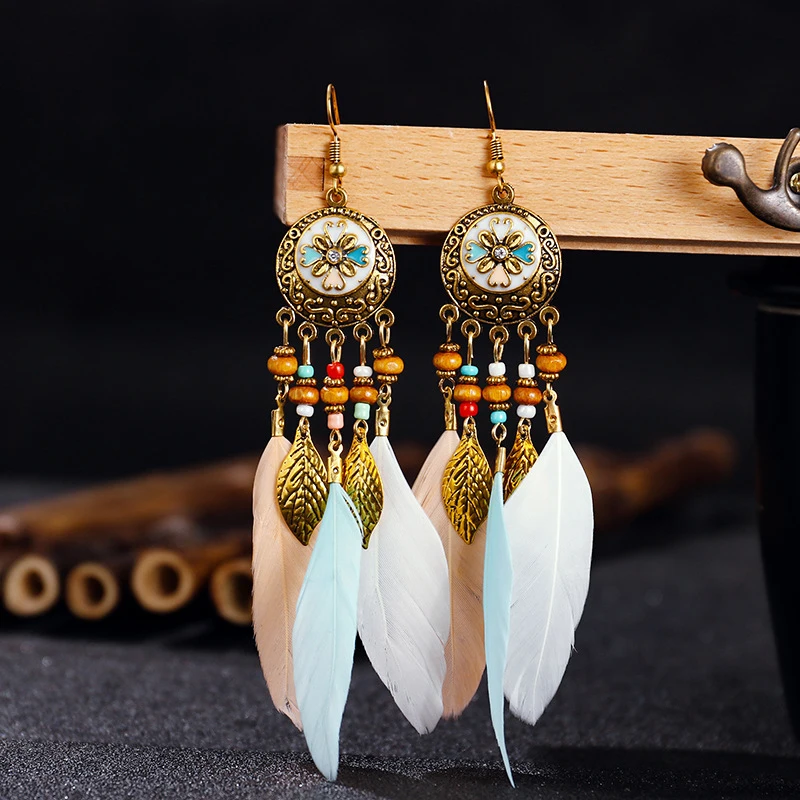 Bohemian Vintage Jewelry For Women Trendy Carved Leaf Feather Tassel Long Earrings Boho Flower Beads Handmade Wedding Earrings