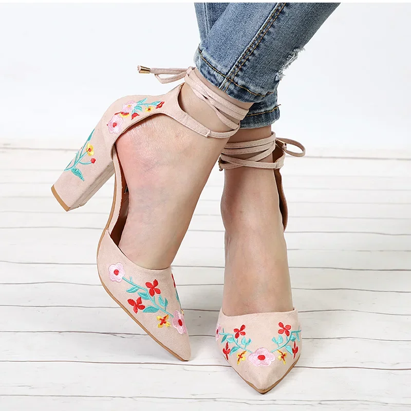 MVVJKE  Plus Size Embroidered High Heels Pumps Flower Ankle Strap Shoes Woman Two Pieces Sexy Party Wedding Pointed ToeE056