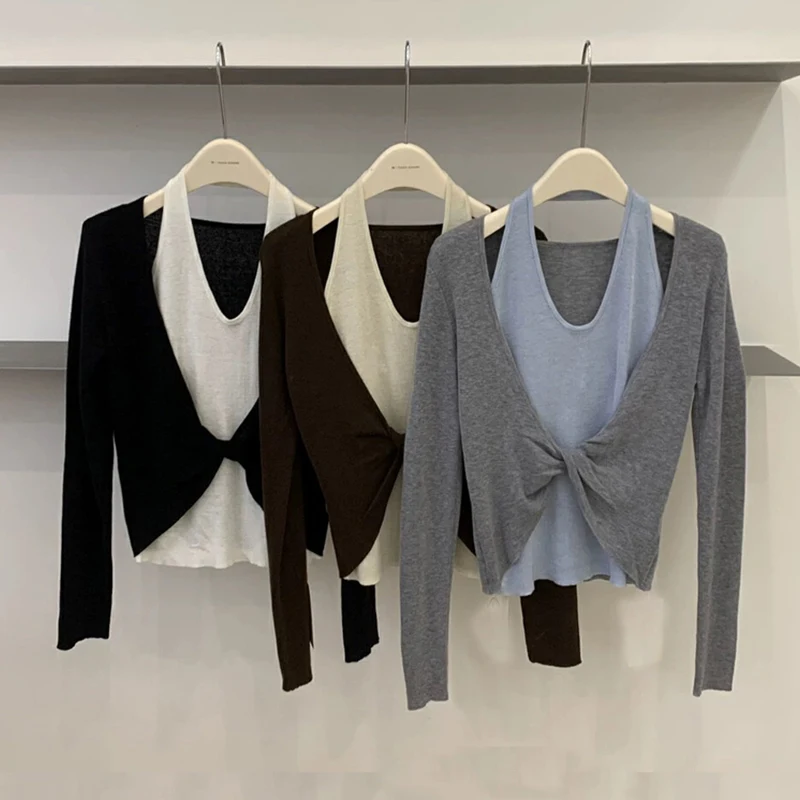 スリムフィット カラーブロ ロングスリーブ ニットセーター レディース ベースレイヤー トップス Vネック 韓国風 通勤ファッション