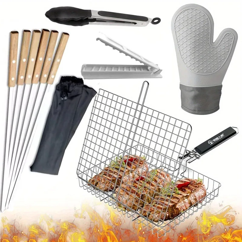 Grilling Basket Set Stainless Steel with Portable Removable Handle Silicone Grill Brush Metal Barbecue Skewer Silicone Gloves