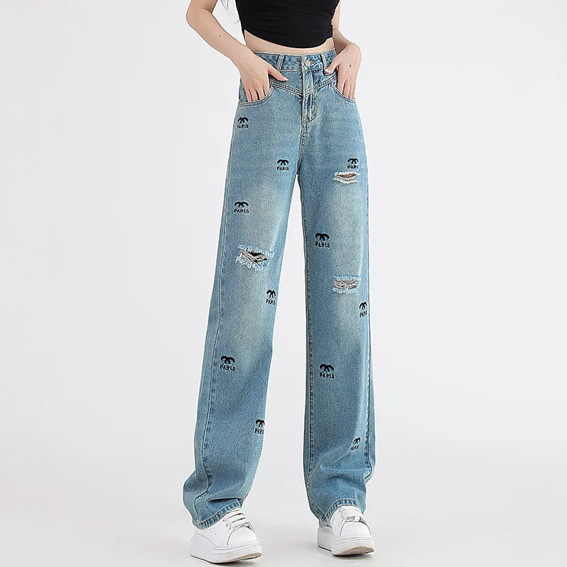 Pantalones vaqueros de barril recto perforados para mujer, Jeans de cintura alta, bordados, estrechos, pierna ancha, arrastre de piso, azul Retro, nuevo