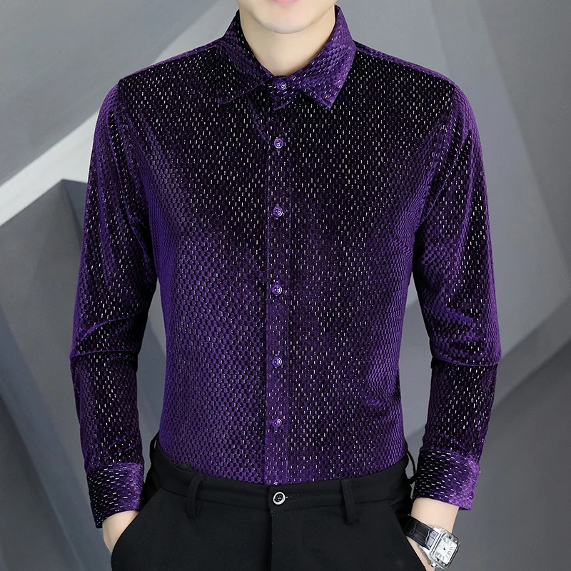 

Light Luxury Velvet Long Sleeve Shirt for Men 2024 Autumn Slim Casual Business Shirt Social Party Tuxedo Streetwear Men Clothing