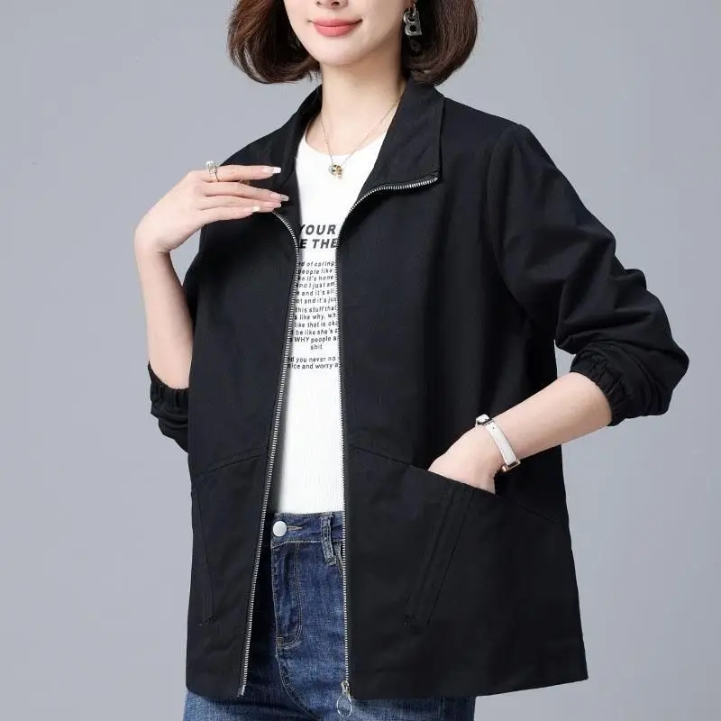 2023 New Spring and Autumn Art Retro Fashion Simple Polo Neck Zipper Pocket Long Sleeve Casual Loose Solid Oversize Women's Coat