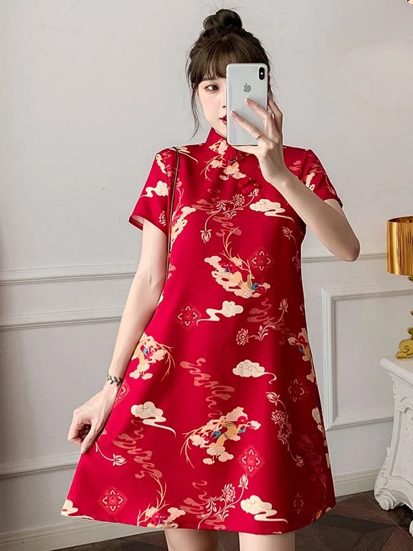 

Young Women's Summer Long ort-Sved Qipao Dr with Goldfi l Stiers Large Size Wide-Legged National Sle Dr