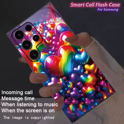 Korean Romantic Rainbow Love Heart Luminous Phone Case For Samsung S25 S24 S23 S22 S21 Ultra Plus FE A15 A16 5G Glass Cover LED