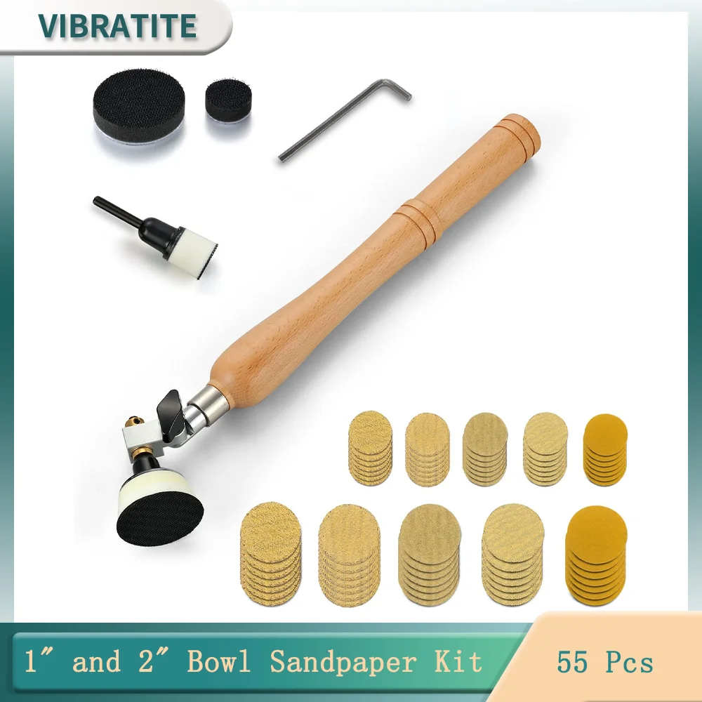 1" and 2" Bowl Sandpaper Kit with Hook and Loop Sand Paper Foam Interface Pads 13" Long Hardwood Handle and Dual Bearing Head