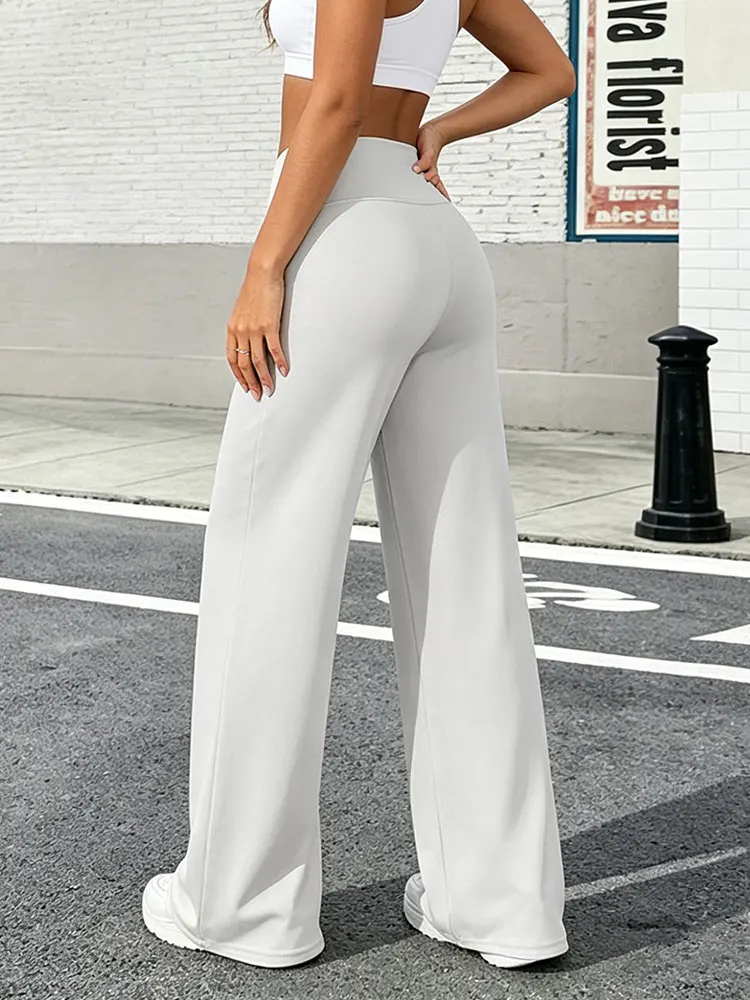 Simple Straight Leg Pants For Women Mid Waist Wide Leg Yoga Trousers Fitness Workout Nude Feeling Pilates Running Sports Bottoms - view 5