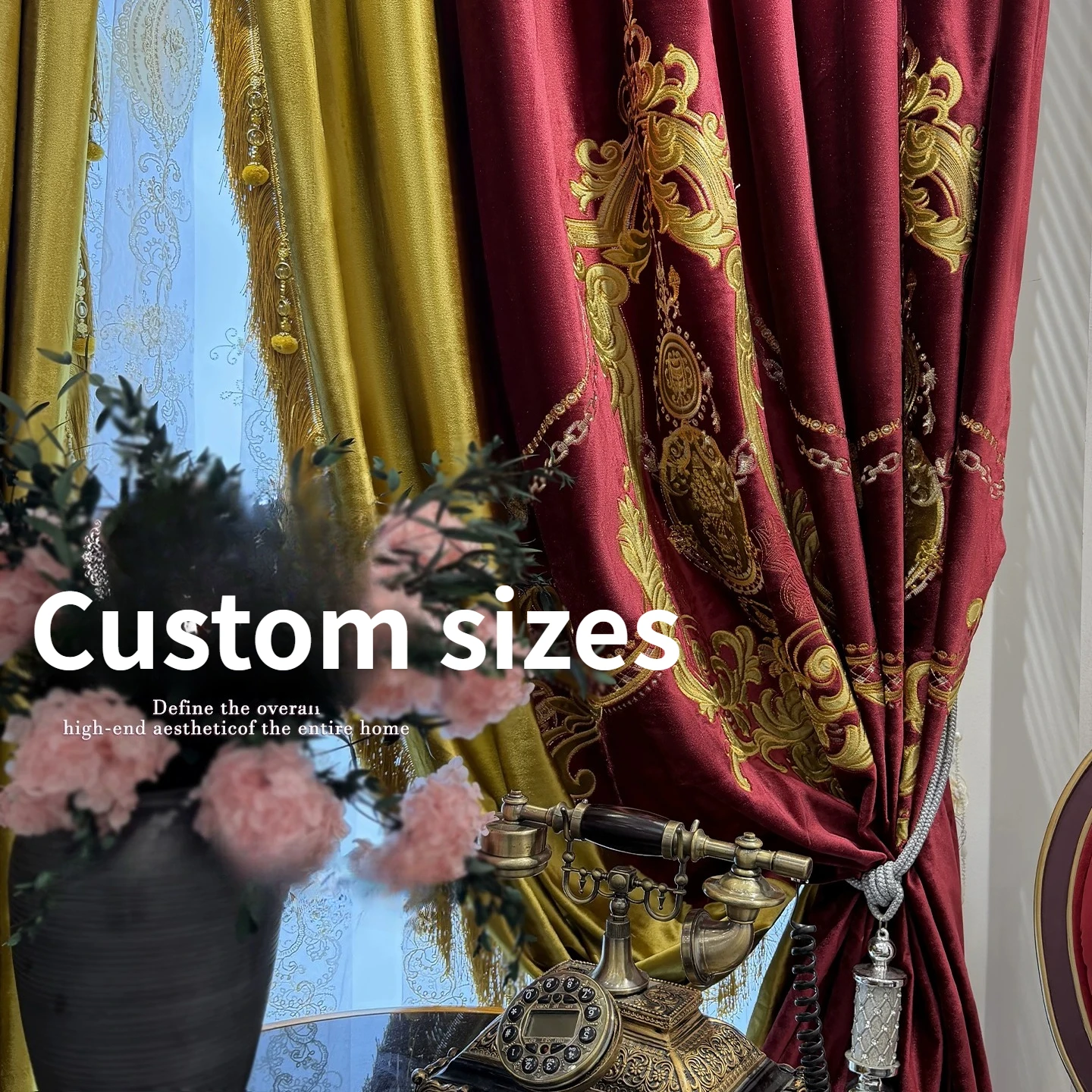 European Red Embroidered Gold Velvet Paneled Tassels Luxury Curtains for Living Dining Room Bedroom White Tulle Window Decor