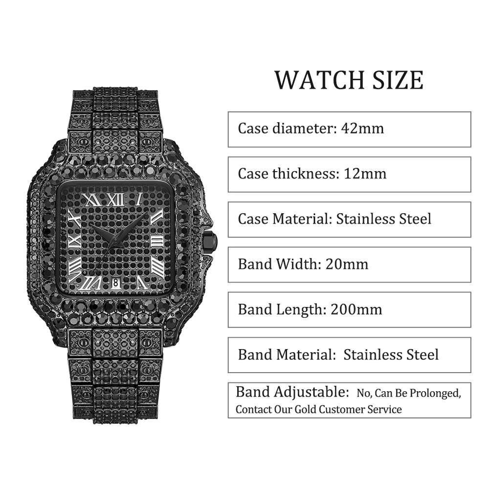 MISSFOX Men Watches Hip Hop Luxury Stainless Steel Waterproof Male Quartz Clocks Round Black Diamond Auto Date Men\'s Wristwatch