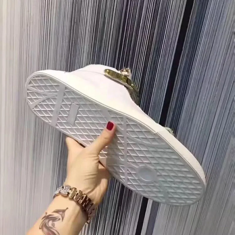 Leather white shoes, high-end brand, high-quality men's casual top grade, couple metal buckle sports shoes, women's board shoes