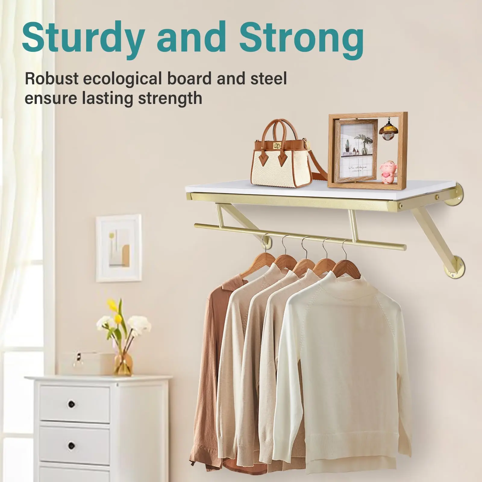 Prateleira com haste suspensa – haste de armário dourada para armazenamento e exibição de armário