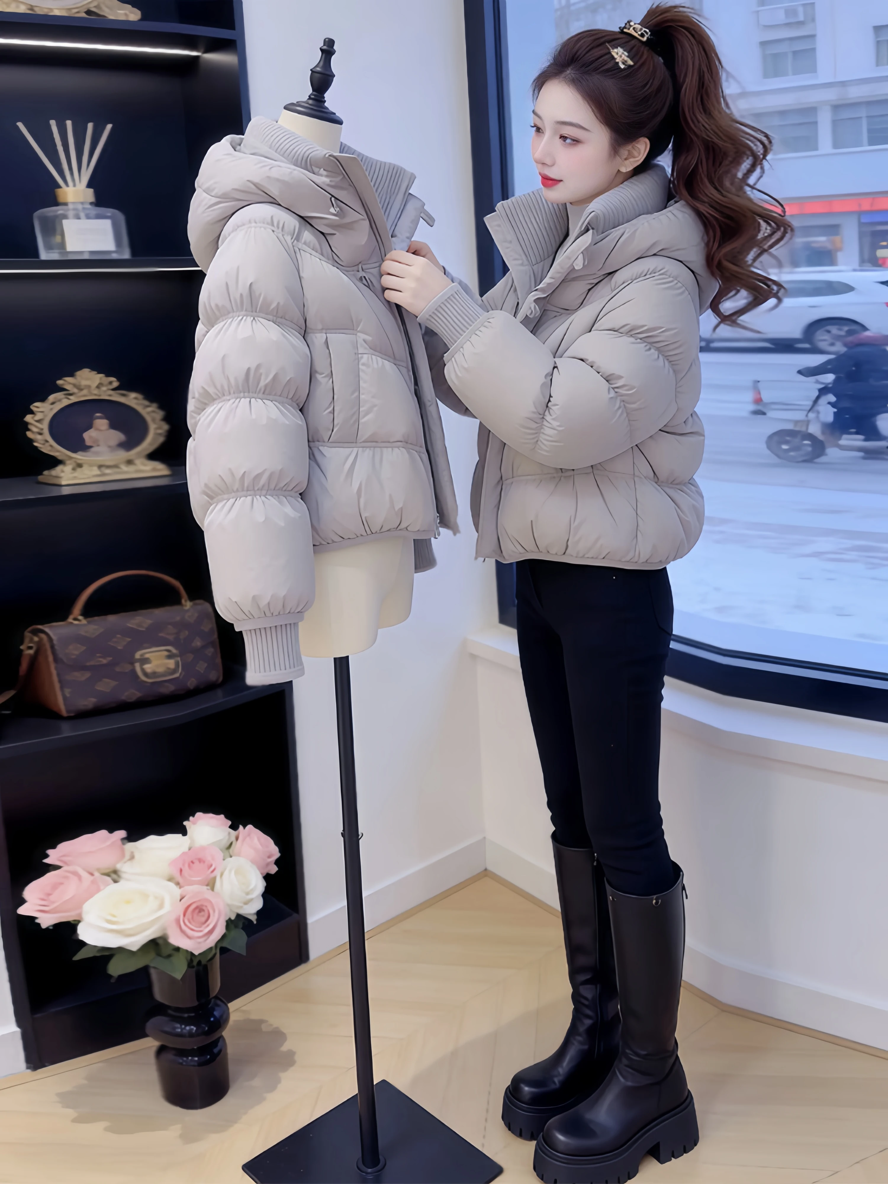 

Korean Style Women's Short Thickened Hooded Cotton Jacket Winter Loose Bread Fashionable Design Versatile Outerwear