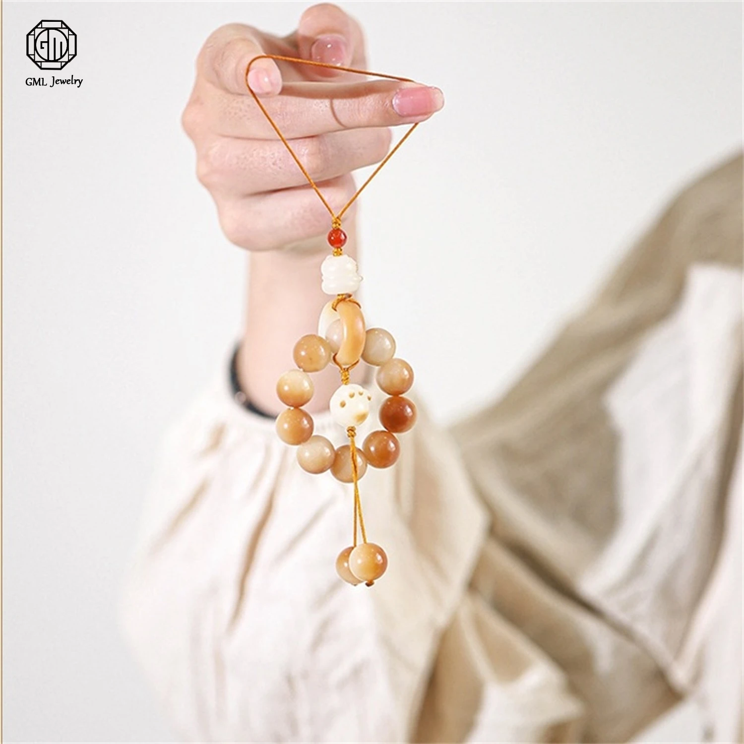Natural Charred Bodhi Seed Cat Paw Phone Charm Bracelet Hand Spinner Fidget Worry Beads Wrist Mala Ancient Style Hanging Pendant