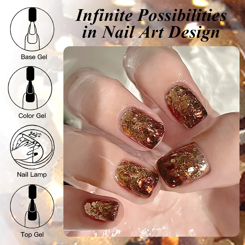 7ml Złoto-brązowy brokatowy lakier hybrydowy do paznokci, półtrwały, zdejmowany, utwardzany światłem UV/LED, lakier do manicure, artykuły do samodzielnego zdobienia paznokci