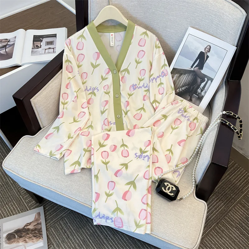 New Long-sleeve Casual Loungewear Set Woman Spring Autumn Women 2-piece Pajamas Soft Pajamas Girls Loose Ladies Home Wear Woman
