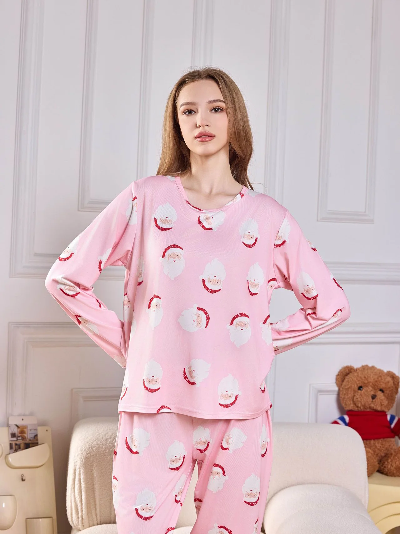 Christmas dress Santa Print women\'s crew neck pink long sleeve T-shirt top and trousers casual women\'s pajamas set