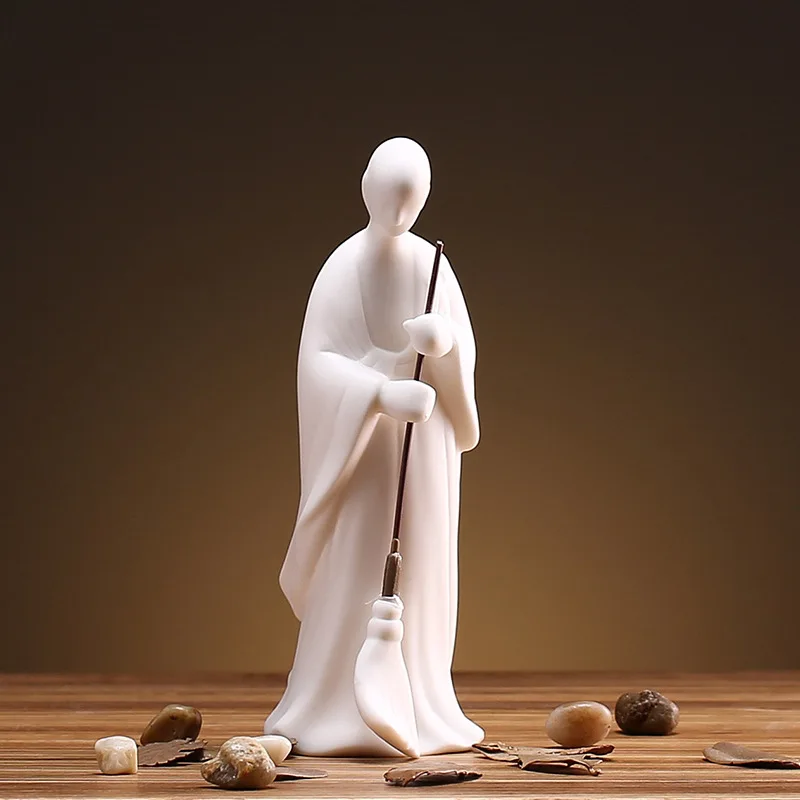 

White Porcelain Sweeping Monk Miniature Abstract Ceramics Ascetic Monk Figurine Buddhist Character Ornament Decor Art and Craft