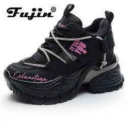 Fujin 10.5cm Air Mesh Platform Wedge Chunky Sneakers Hollow Cow vera pelle strass moda estate scarpe da donna 2024 comode