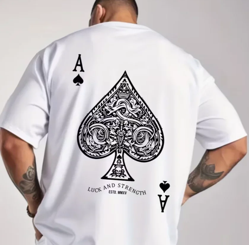 Men's Black Peach A Poker Pattern Casual T-Shirt-Soft Polyester Blending, Round Neck, Short Sleeve, Machine Washable