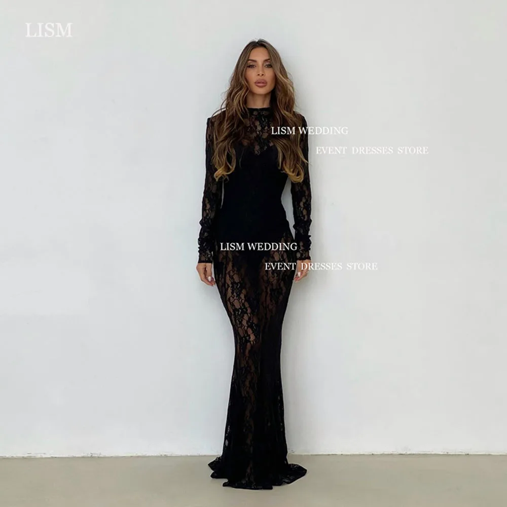 LISM Vintage Black Lace Mermaid Evening Dresses Long Sleeves High Neck Sexy Floor Length Prom Party Dress For Saudi Arabic Women