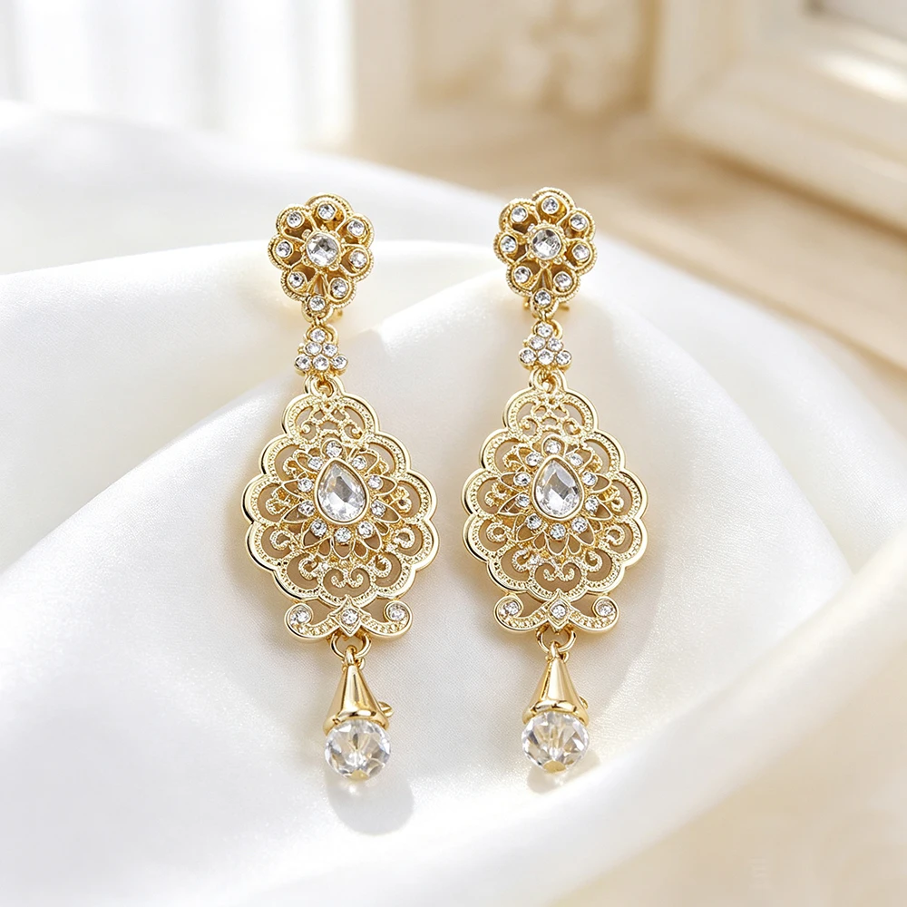 Gold Color Drop Earrings Moroccan Arabic Hollow Rhinestone Dangle Earrings Long Tassel Jewelry For Women Gift