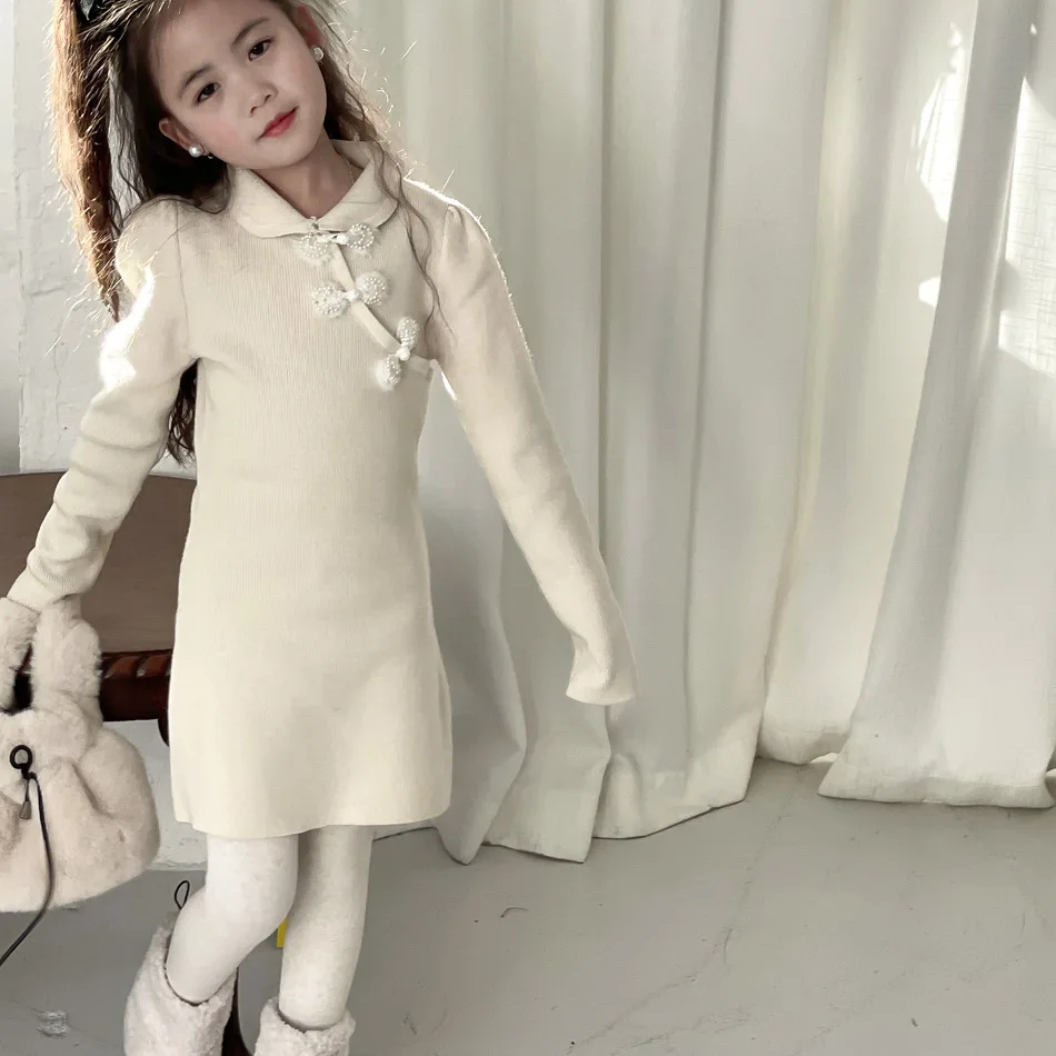 2023 Winter New Childrens Wear Girls Chinese Improved Korean Style Fashion Dress Childrens Slim Fit Woolen Dress