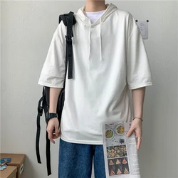 Summer Men Hooded Short Sleeve T Shirt All-match Korean Fashion Casual Teenager Oversized Punk Pullover Top Tee Black White Gray